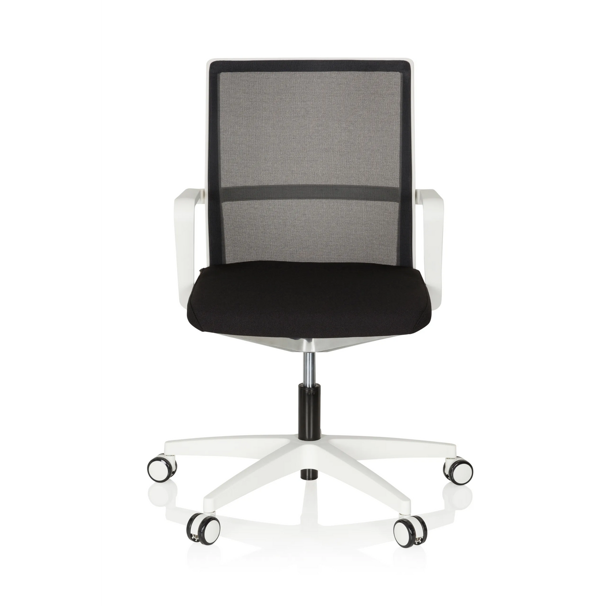 Sort-hvid professionel kontorstol MOVE-TEC NET 3D W med mesh-ryglæn og hvidt femstjernet understel med hjul fra hjh OFFICE – 360-graders visning (forfra 0°)