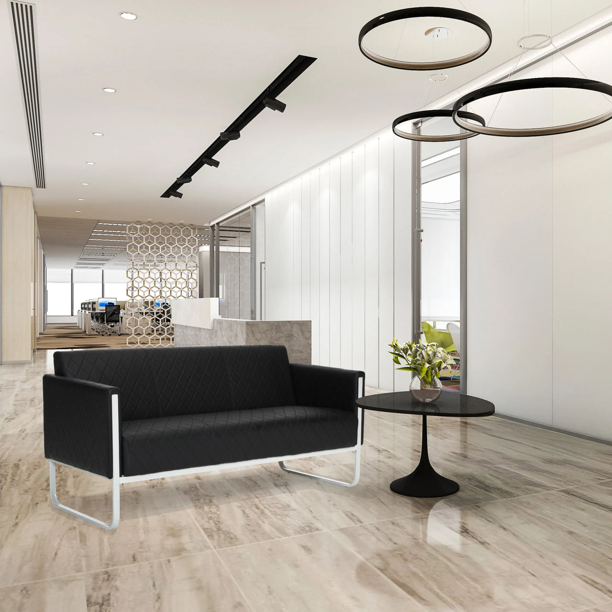 Sort ARUBA STEP loungesofa som tresæder med quiltet polstring og sølvfarvet metalstel fra hjh OFFICE
