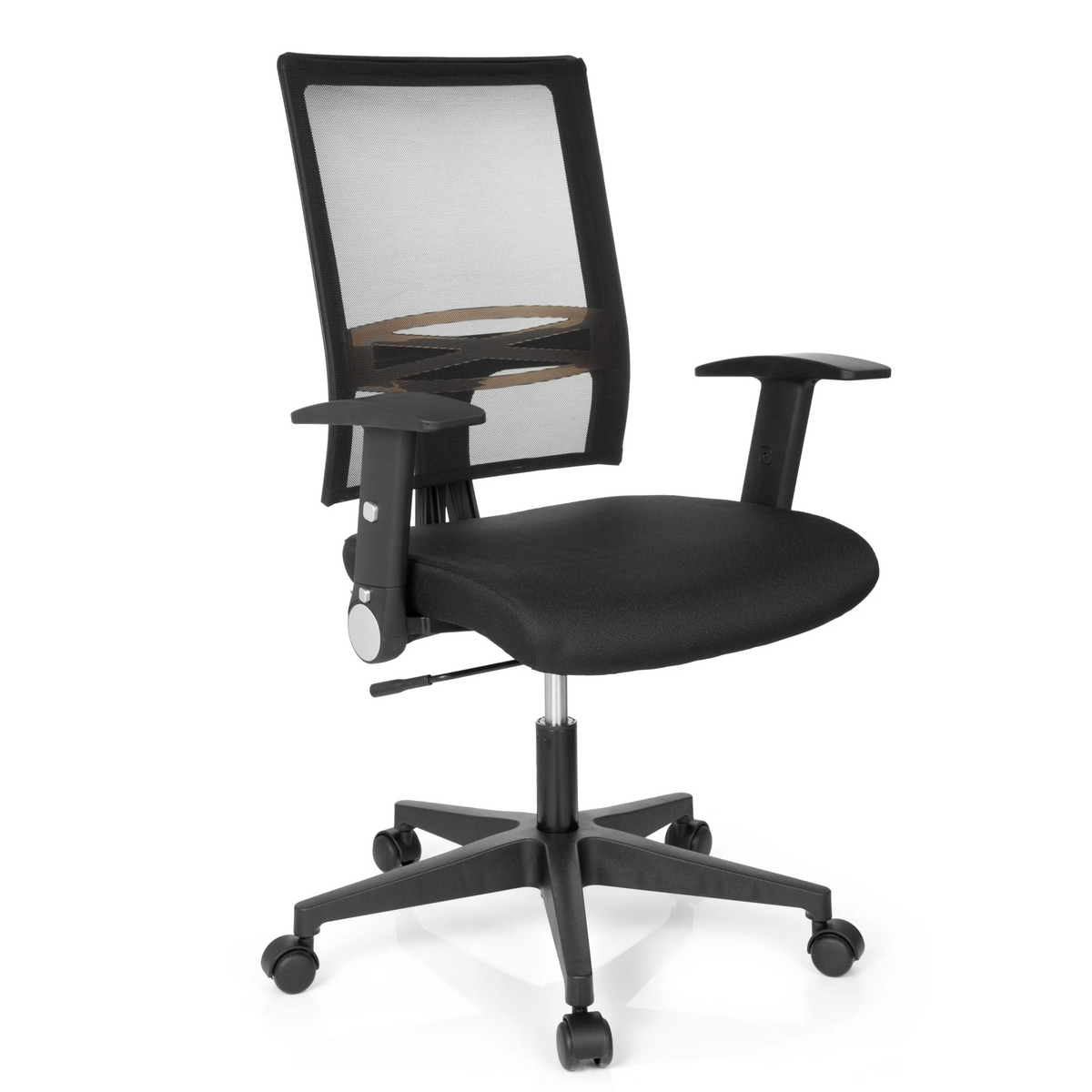 Sort Home Office kontorstol OFFICE R8 med netryg og femhjulet fodkryds fra hjh OFFICE – 360-graders visning (skråt forfra 40°)