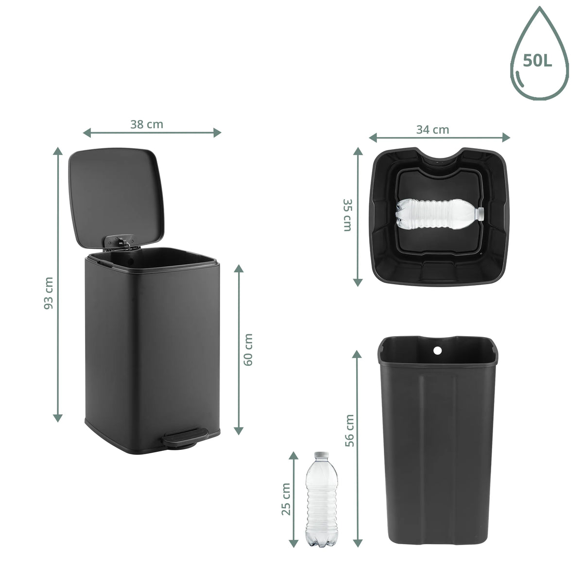 Måltegning af Papirkurv Clean Step 3 med 50 l kapacitet og en højde på 93 cm fra hjh OFFICE