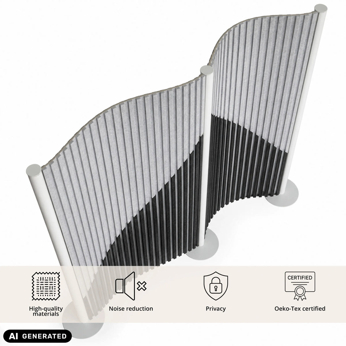 Grå visuel og akustisk skillevæg Flexmiut Wave med bølgedesign fra hjh OFFICE (AI-genereret billede)