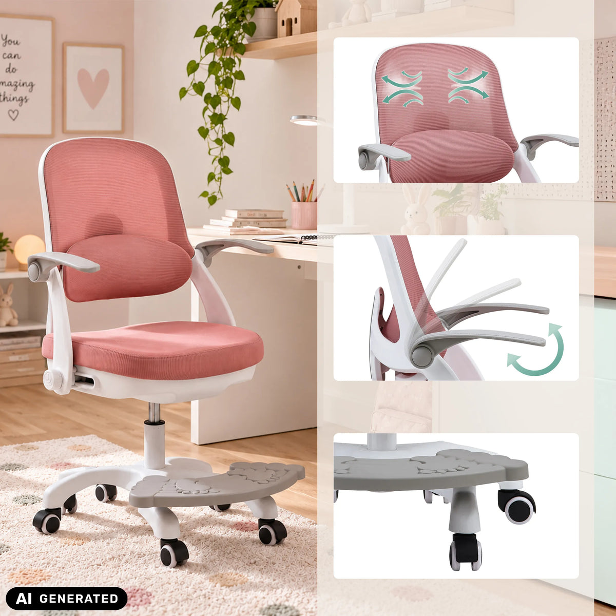 Lyserød Kiddy Smart Step drejestol til børn med fodstøtte og justerbare armlæn fra hjh OFFICE (AI-genereret billede)