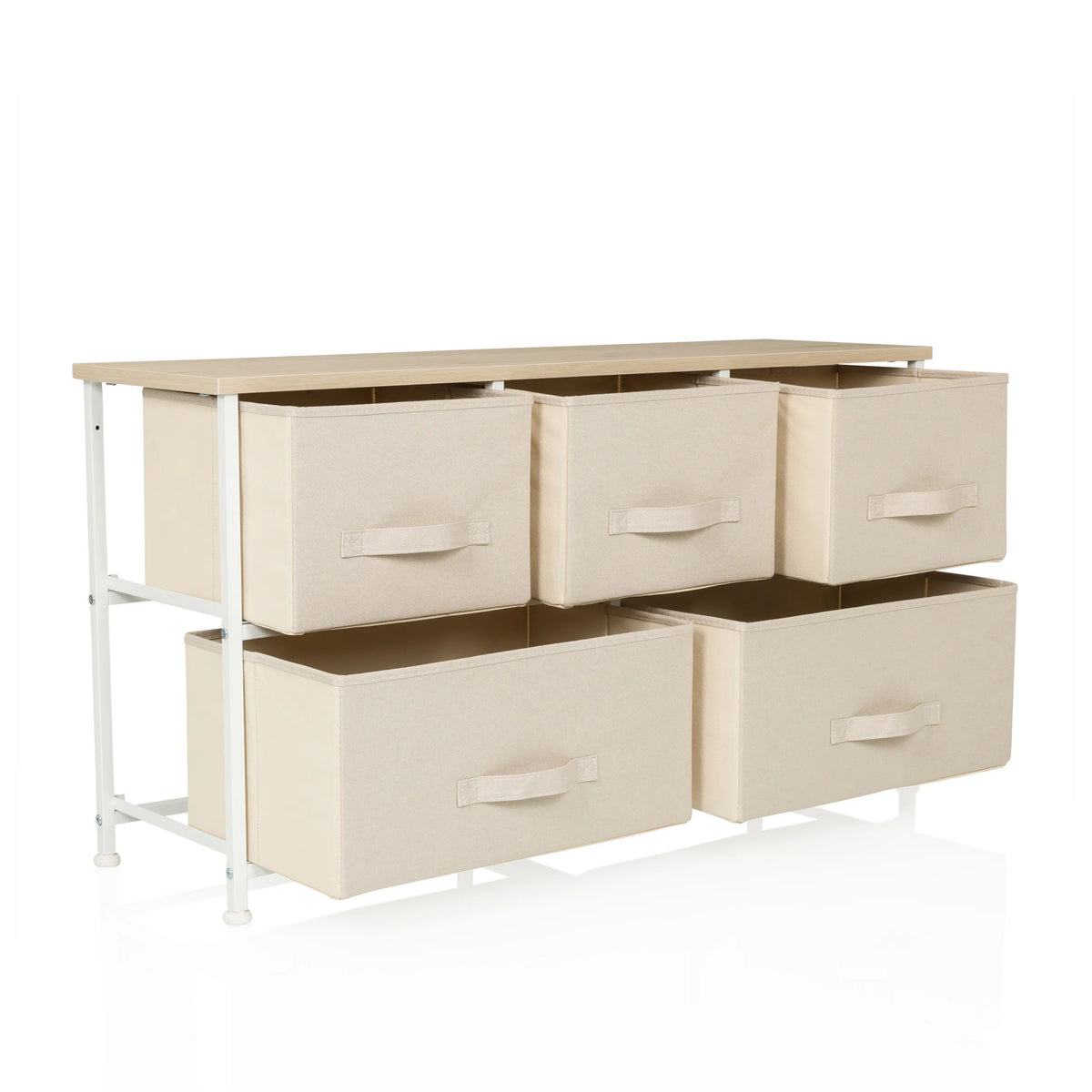 Beige Kommode FOLDAR med fem stofskuffer og hvidt metalstel fra hjh LIVING