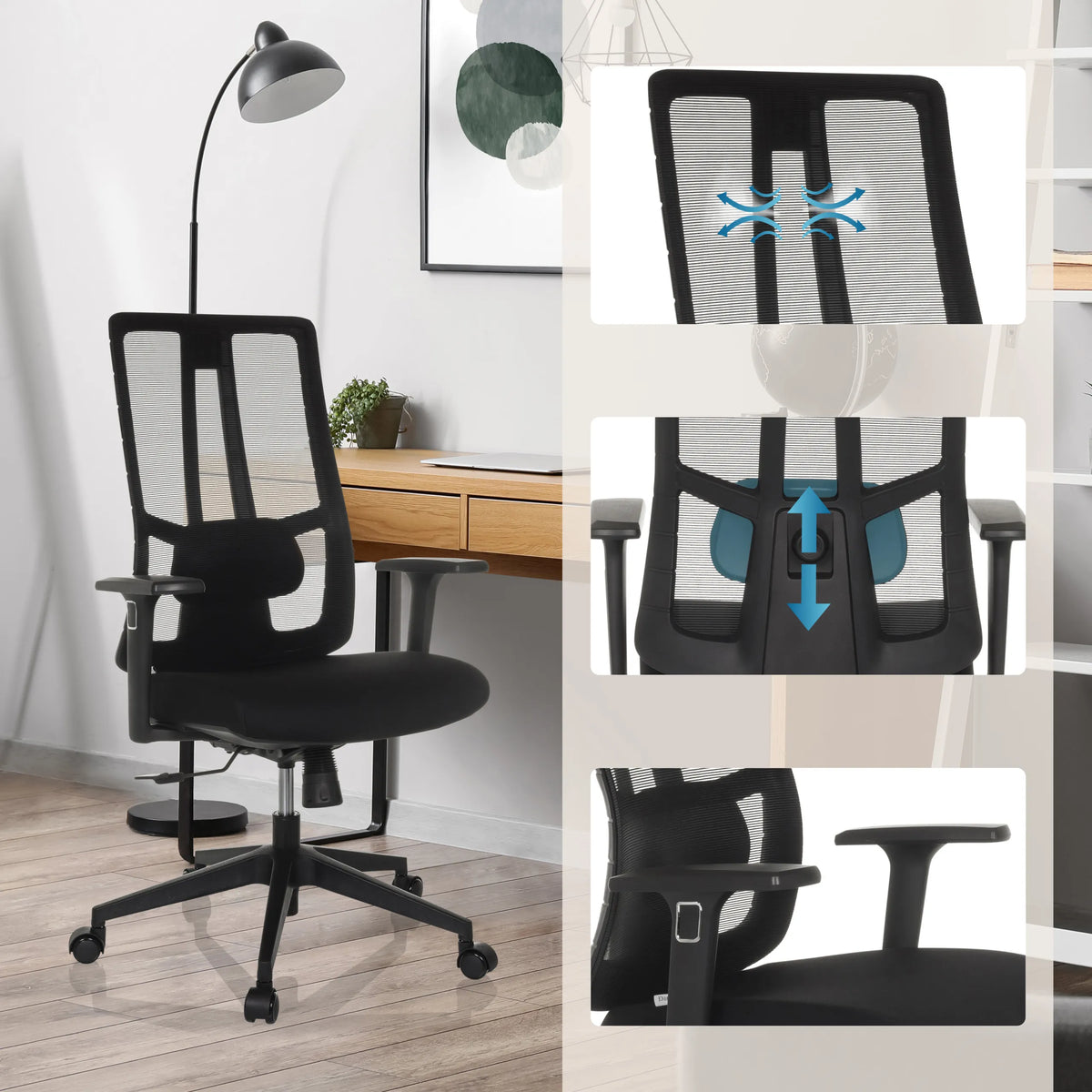 Sort polstret Professionel kontorstol TRAMORE BASE med mesh-ryglæn og justerbar lændestøtte fra hjh OFFICE