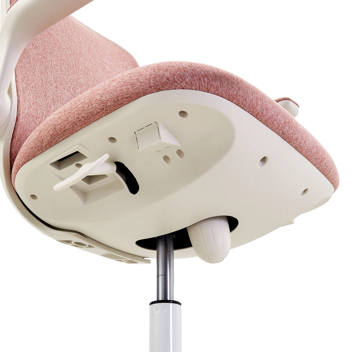 Undersiden af sædet med justeringshåndtag og gasfjeder på Swivelo drejestol til børn i pink fra hjh OFFICE