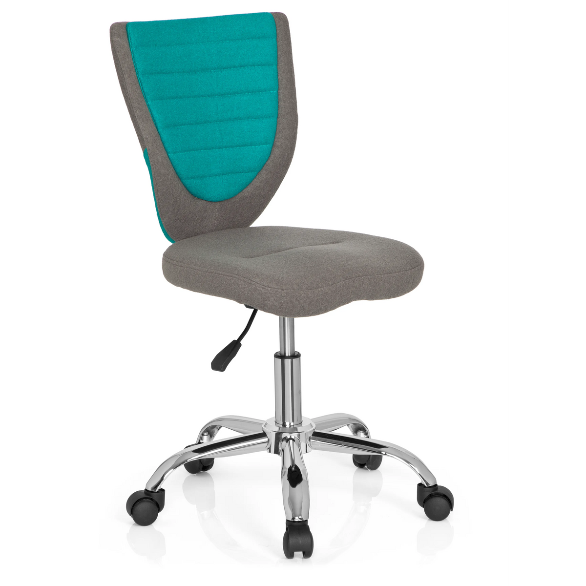 Grau-türkiser Kinderdrehstuhl KIDDY COMFORT mit Fußkreuz und fünf Rollen von hjh OFFICE – 360-Grad-Ansicht (schräge Frontansicht 40°)