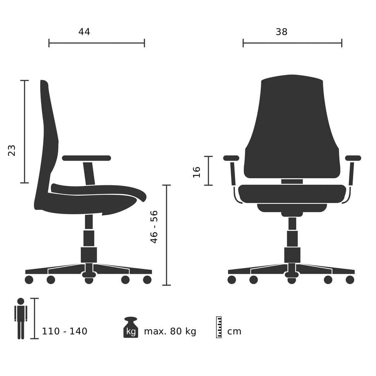 Teknisk tegning af Drejestol til børn KID TEDDY med en maksimal belastning på 80 kg fra hjh OFFICE