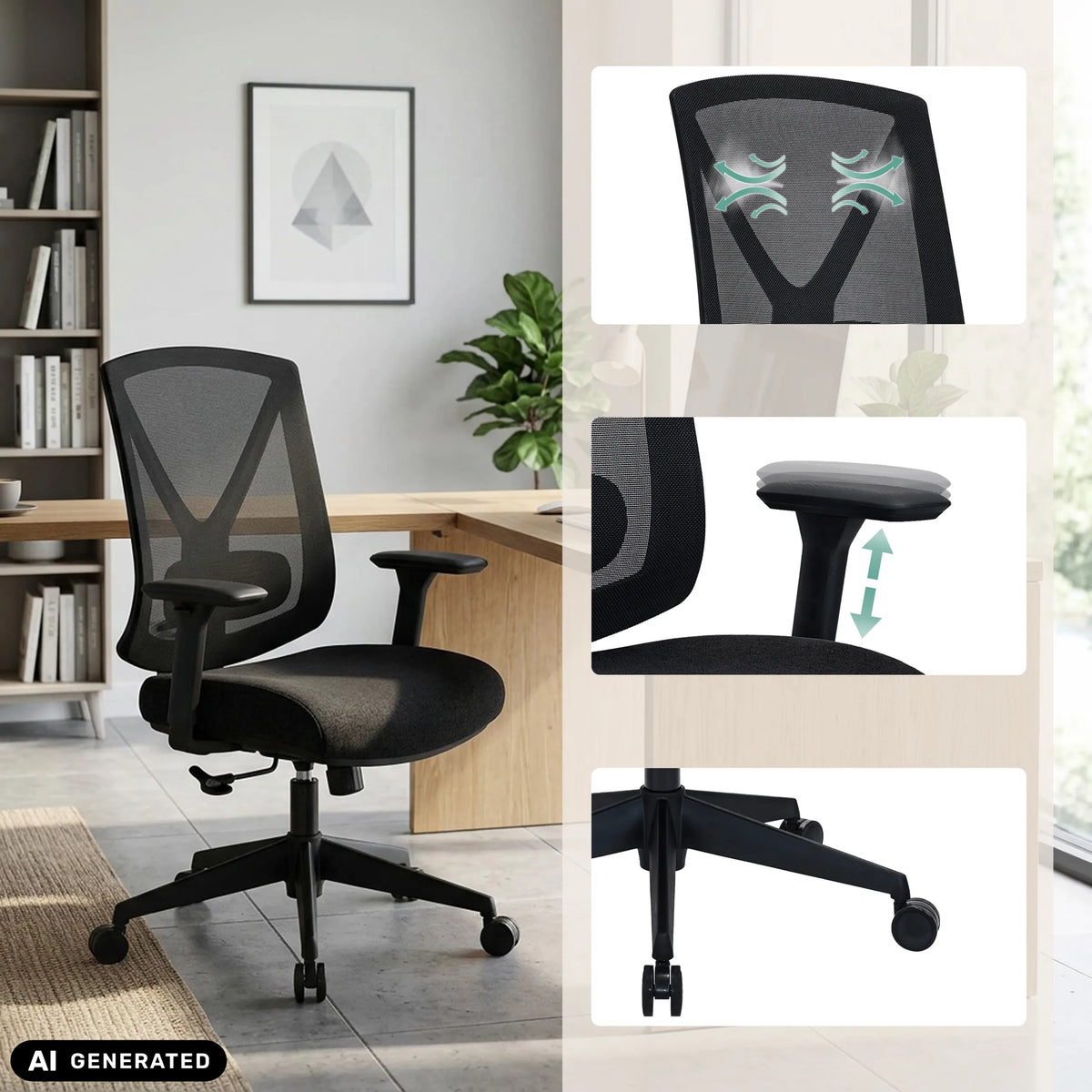 Professionel kontorstol Mirou i sort med netryg, justerbare armlæn og stjernefod fra hjh OFFICE (AI-genereret billede)