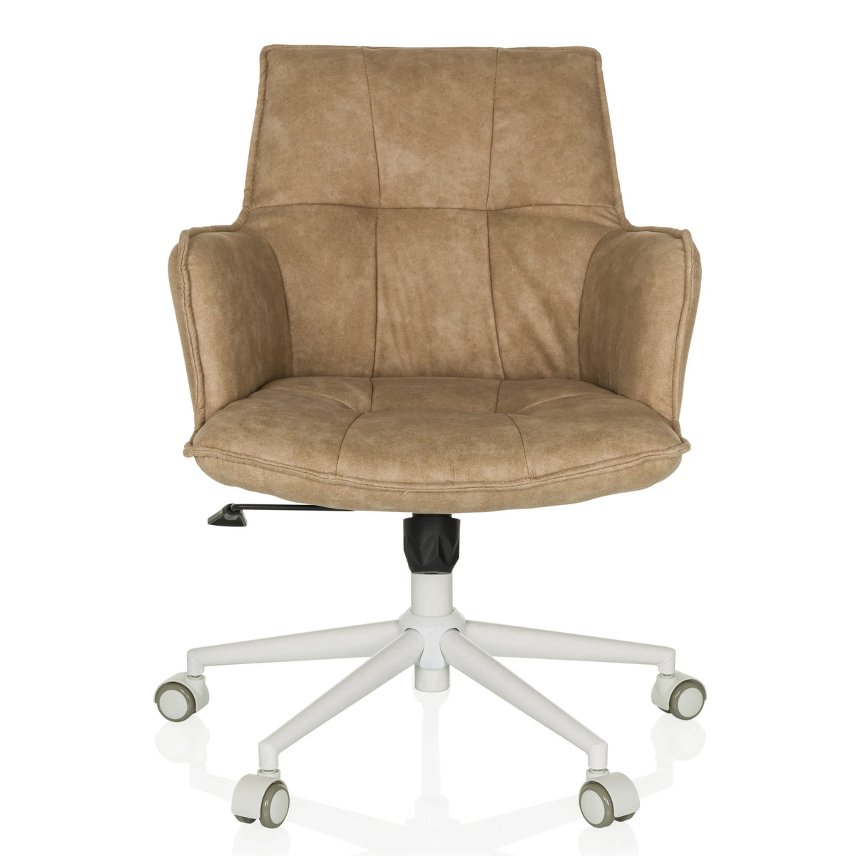 Beige SOLAO LIFE W Home Office kontorstol med polstret sæde og hvidt femstjernet fodkryds med hjul fra hjh LIVING – 360-graders visning (forfra 0°)