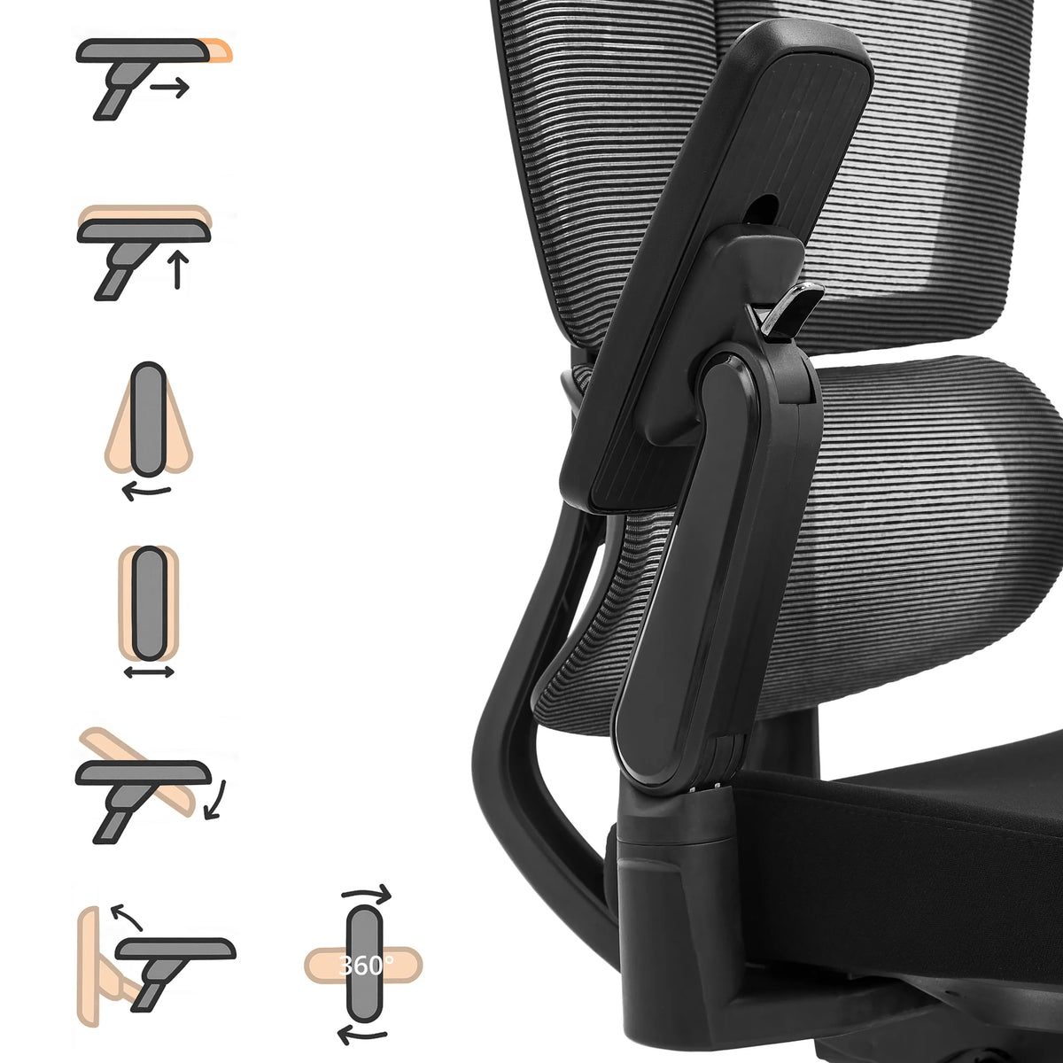 Firedimensionelt justerbar armlæn til den professionelle kontorstol Ergo U2 Flex3 med funktionsdiagrammer fra hjh OFFICE