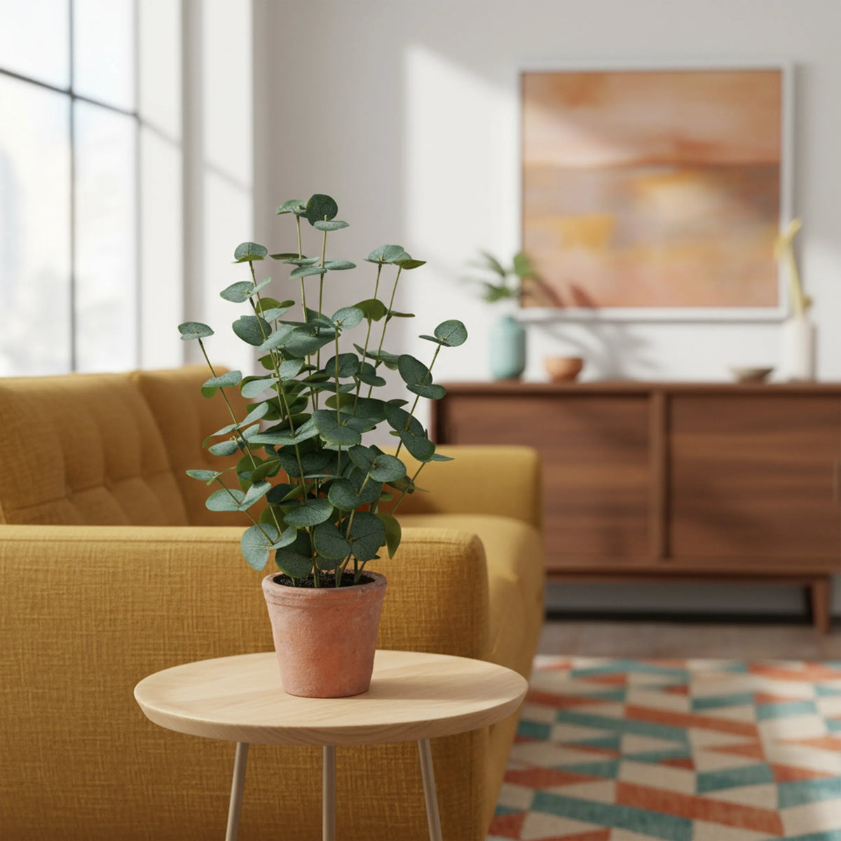 Grøn Kunstige plante Eucalyptus i en terrakottafarvet potte på et sidebord fra hjh OFFICE