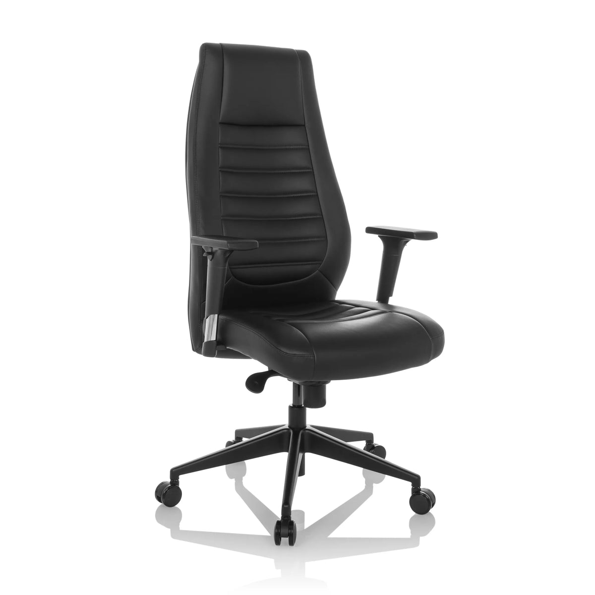 Schwarzer Profi-Chefsessel VITORO B mit gesteppter Polsterung und Fußkreuz mit fünf Rollen von hjh OFFICE – 360-Grad-Ansicht (schräge Frontansicht 30°)