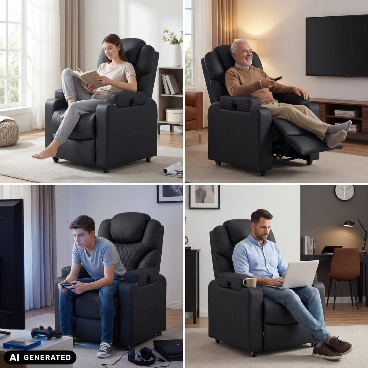 Sort Game Sport RX loungelænestol i forskellige brugssituationer fra hjh OFFICE (AI-genereret billede)