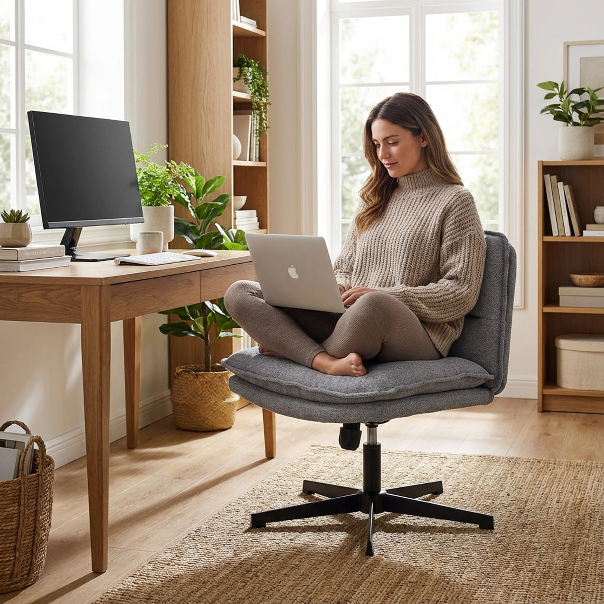 Mørkegrå Criss-Cross 20 loungelænestol med stjernefod i et lyst rum med skrivebord fra hjh LIVING