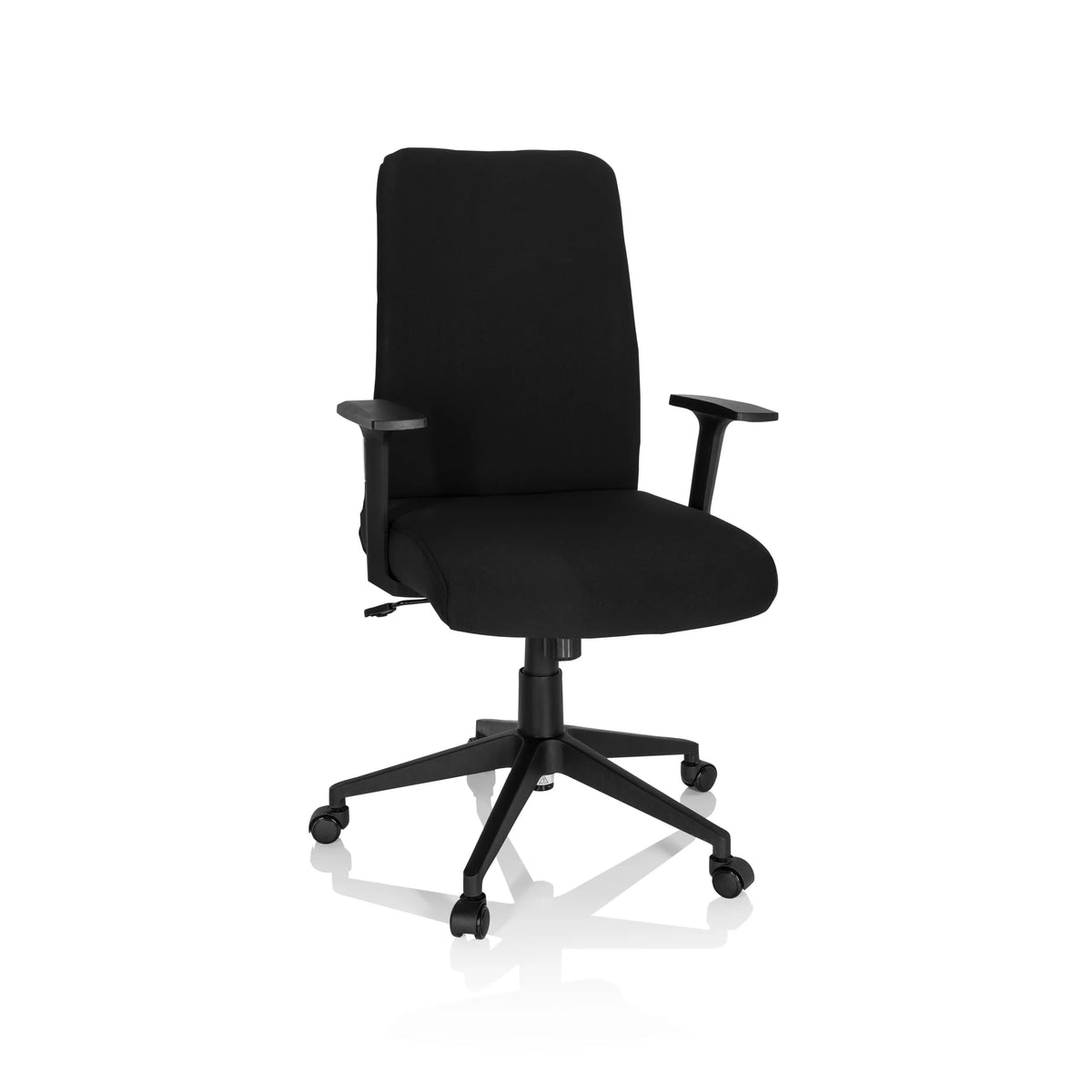 Sort Home Office kontorstol COSIO I med armlæn og femhjulet fodkryds fra hjh OFFICE – 360-graders visning (forfra 20°)