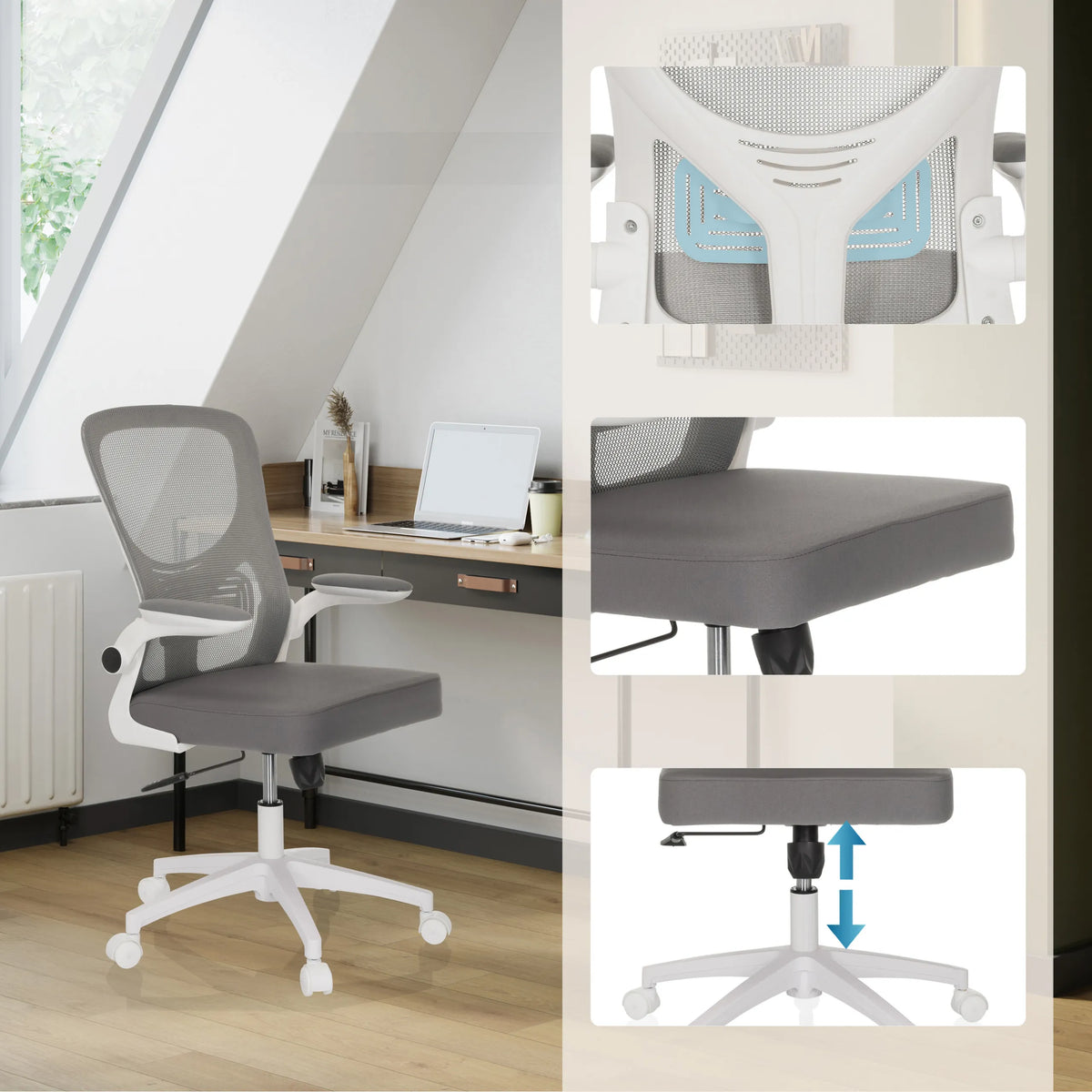 Home Office kontorstol BELIO W i grå med mesh-ryg, gråt sæde og højdejusterbar gaslift fra hjh OFFICE