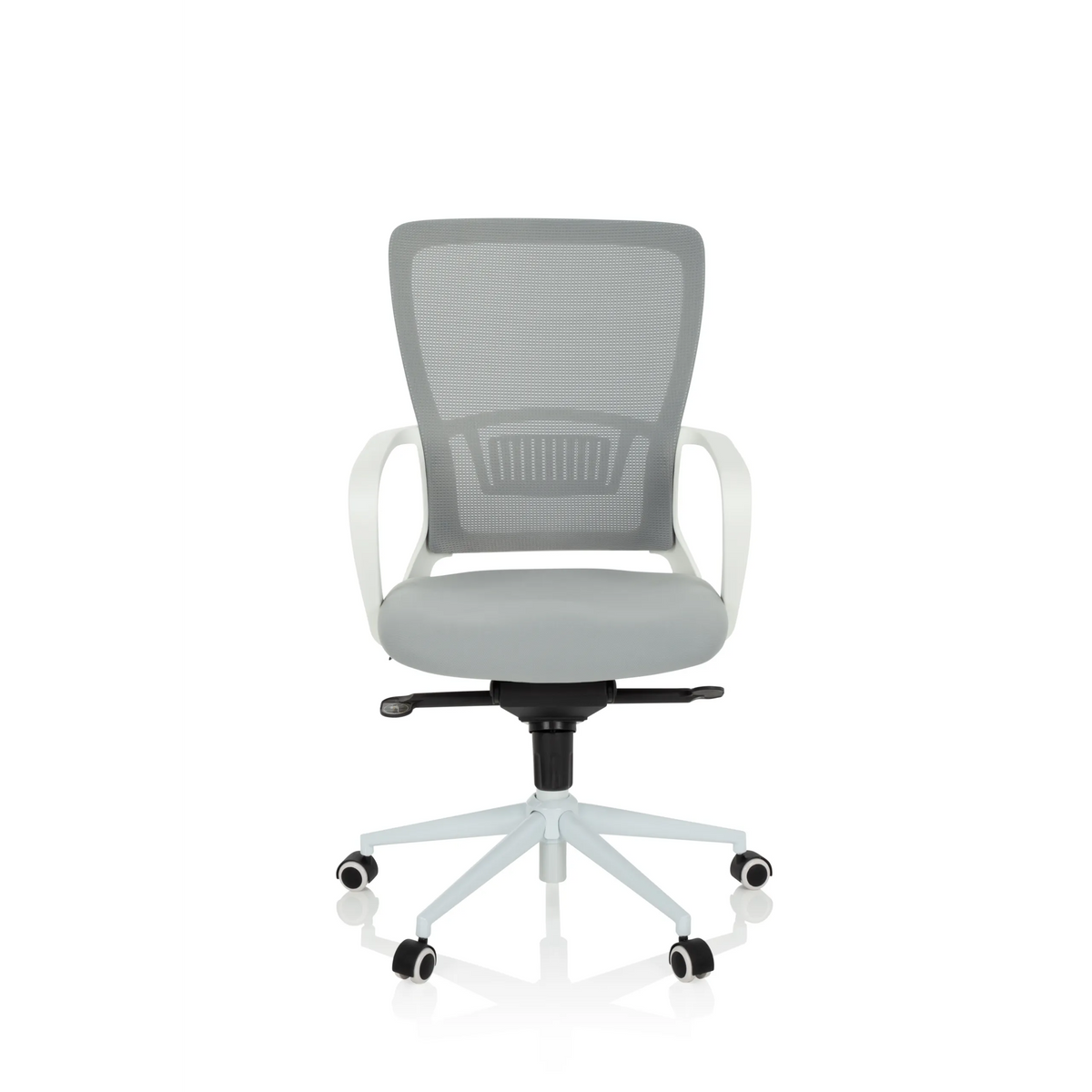 Grå Home Office kontorstol ESTRIA med netryg og femhjulet fodkryds fra hjh OFFICE – 360-graders visning (forfra 0°)