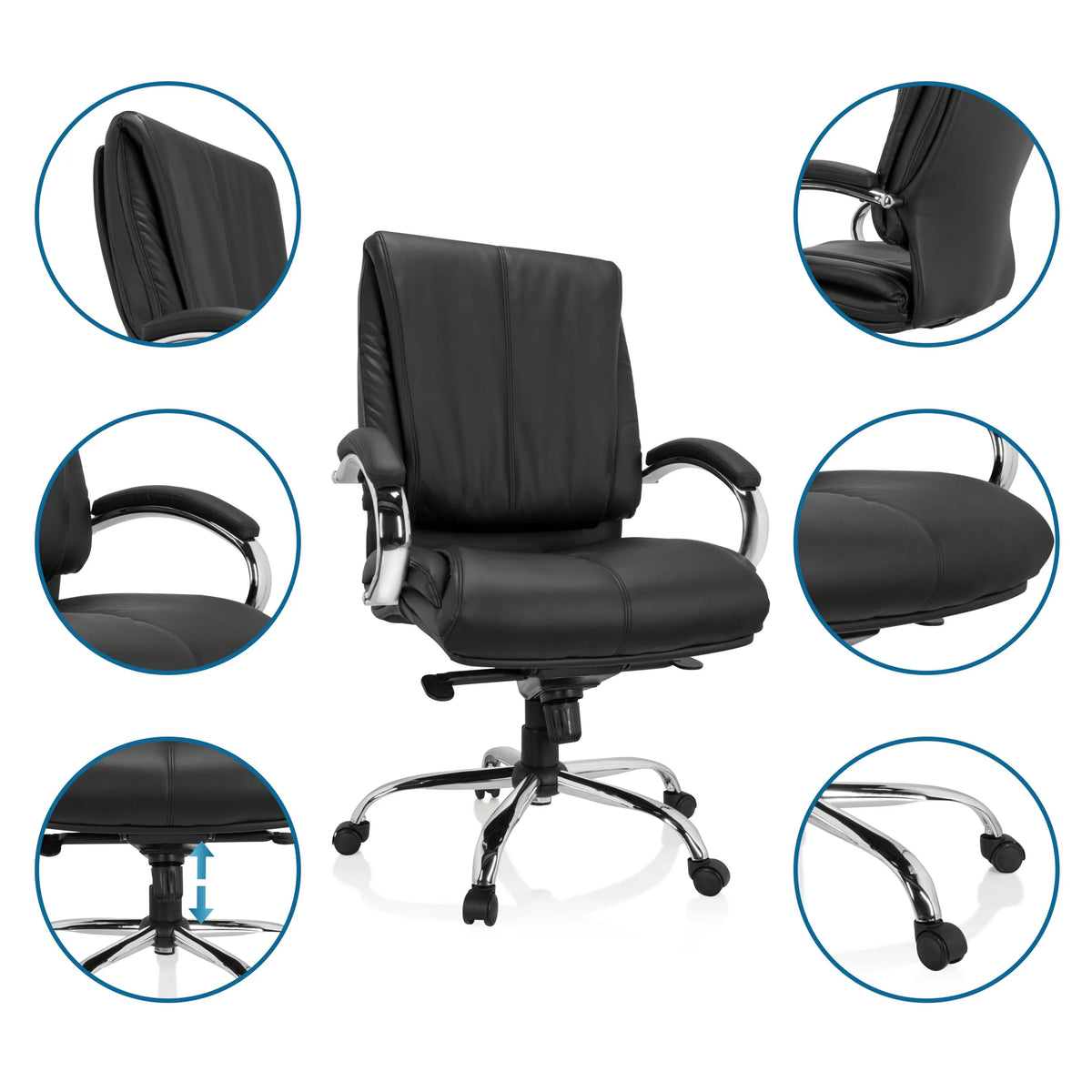 Sort XXL H 100 drejestol i kunstlæder med forskellige detaljevisninger af funktionerne fra hjh OFFICE