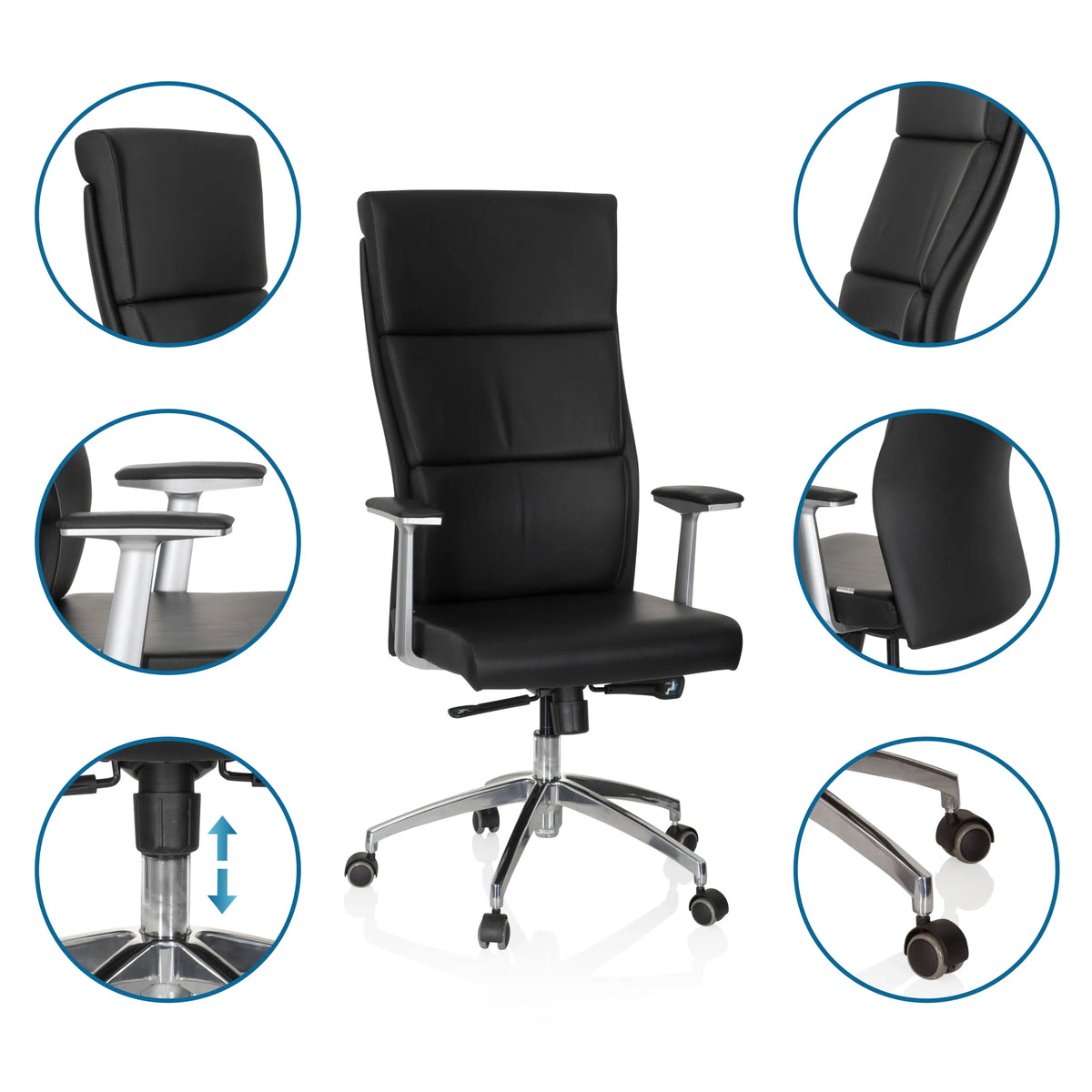 Luksus-chefstol MONZA 20 i sort med detaljevisninger af armlæn, gasfjeder og hjul fra hjh OFFICE