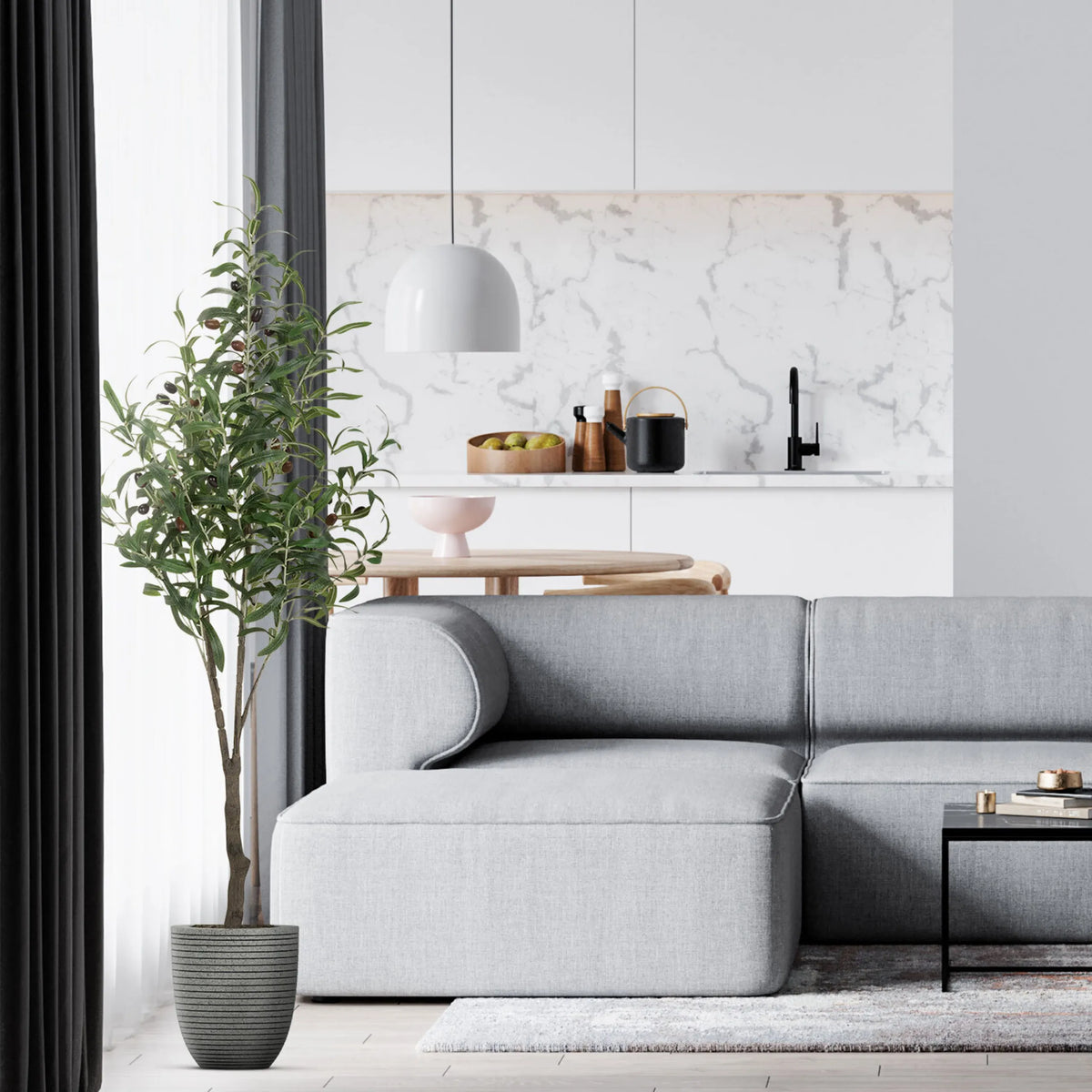 Grøn kunstig plante OLIVE i en grå, rillet potte fra hjh OFFICE