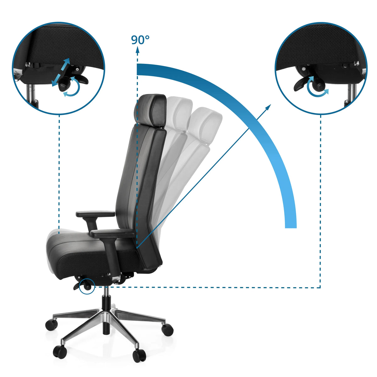 Justerbart ryglæn op til 90° på Professionel kontorstol PRO-TEC XXL i sort fra hjh OFFICE