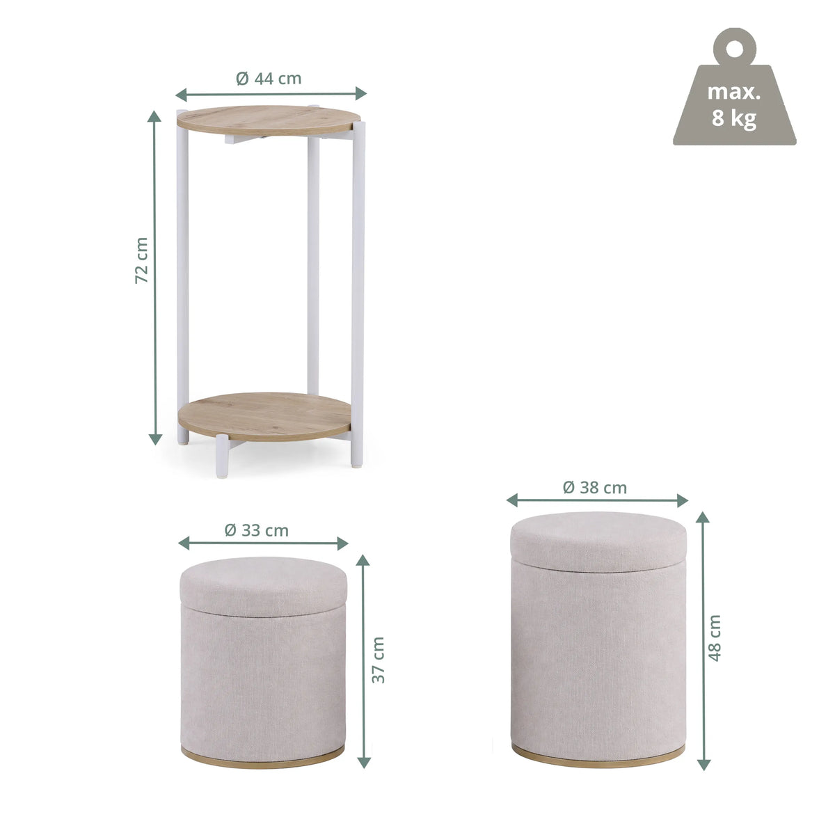 Måltegning af Nestup 1 sidebord med en højde på 72 cm og en diameter på 44 cm fra hjh LIVING