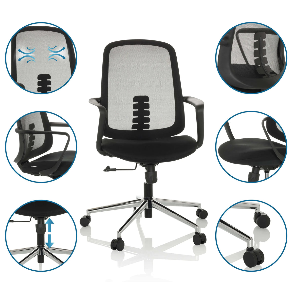Home Office kontorstol SEDIOLO B i sort med forskellige detaljevisninger af funktionerne fra hjh OFFICE