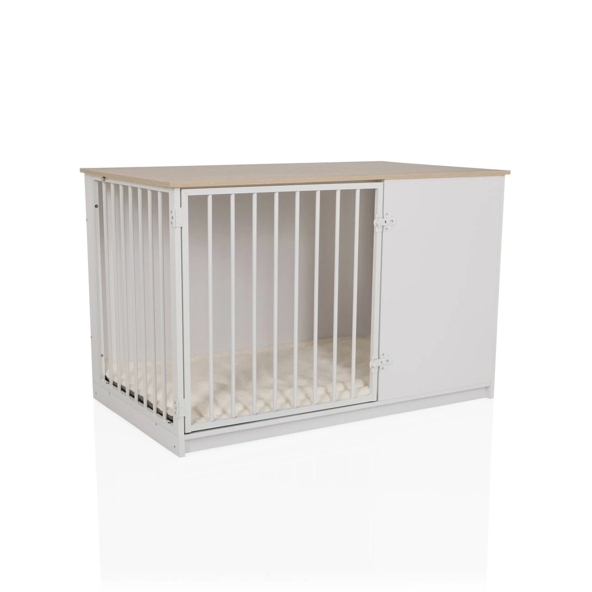 Weiße Hundebox PAWHOME XL mit Gittertür, Holzplatte in Eicheoptik und integrierten Näpfen von hjh LIVING – 360-Grad-Ansicht (schräge Frontansicht 30°)
