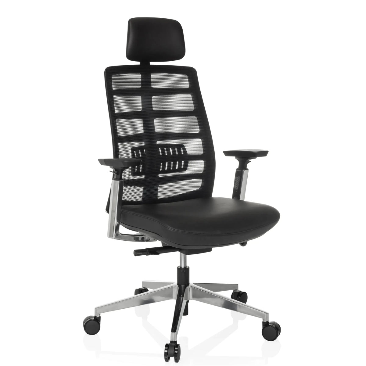 High End kontorstol SPINIO ELITE L med sort netbetræk og lædersæde fra hjh OFFICE