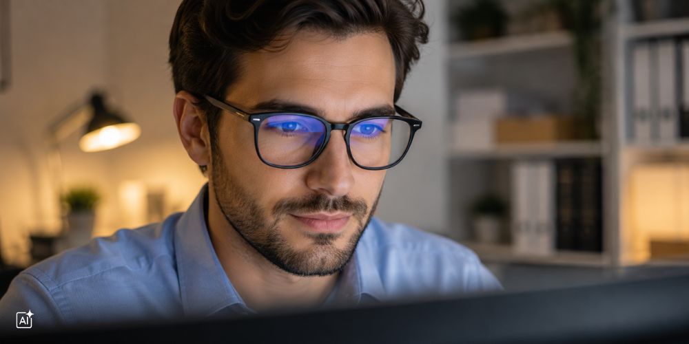 ein Mann arbeitet am Bildschirm und trägt eine Brille mit Blaulichtfilter