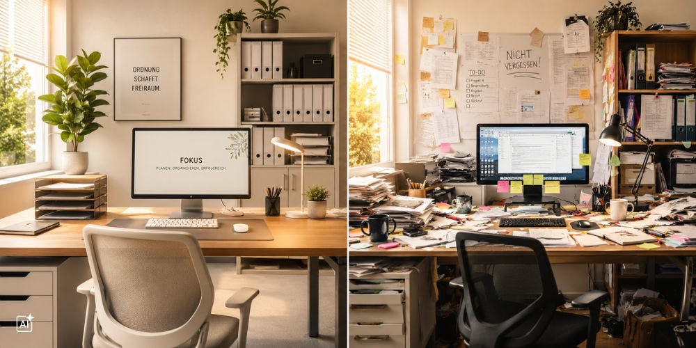 Vergleichsbild zwischen einem aufgeräumten, organisierten Arbeitsplatz und einem sehr chaotischen Arbeitsplatz