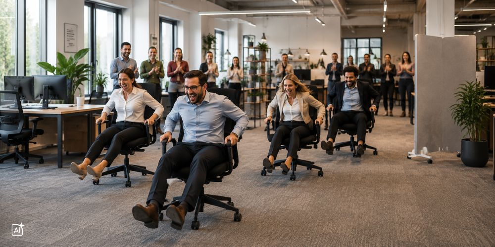 Stuhlrennen im Büro. Alle lachen und haben Spaß.