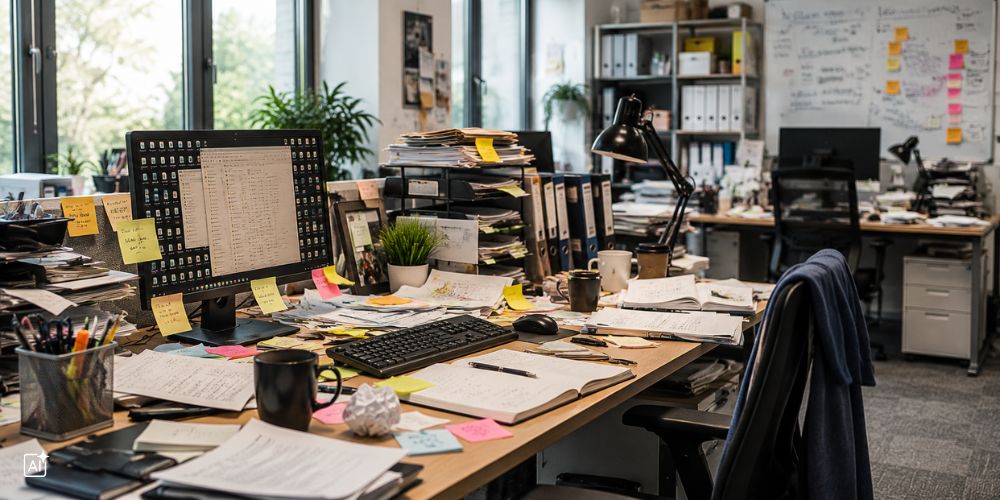 Ein sehr chaotischer und unaufgeräumter Arbeitsplatz im Büro