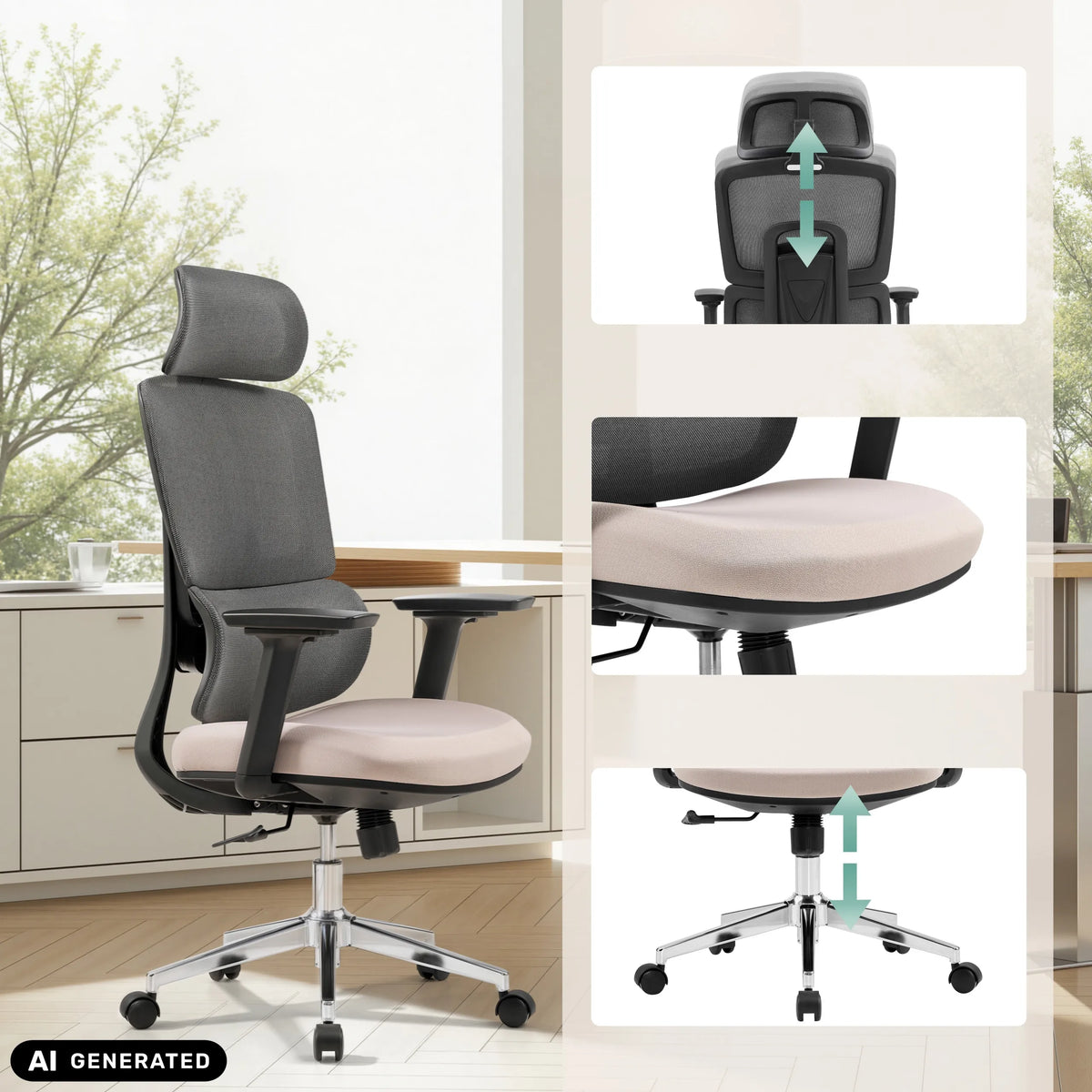 Professionel kontorstol Ergomy Pro i mørkegrå og beige med justeringsmuligheder fra hjh OFFICE (AI-genereret billede)