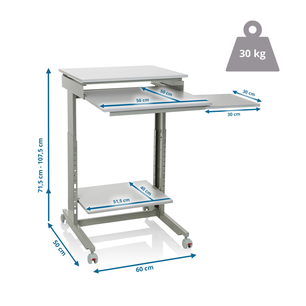 Måltegning af Ståskrivebord WORKSTATION med en højde fra 71,5 til 107,5 cm fra hjh OFFICE