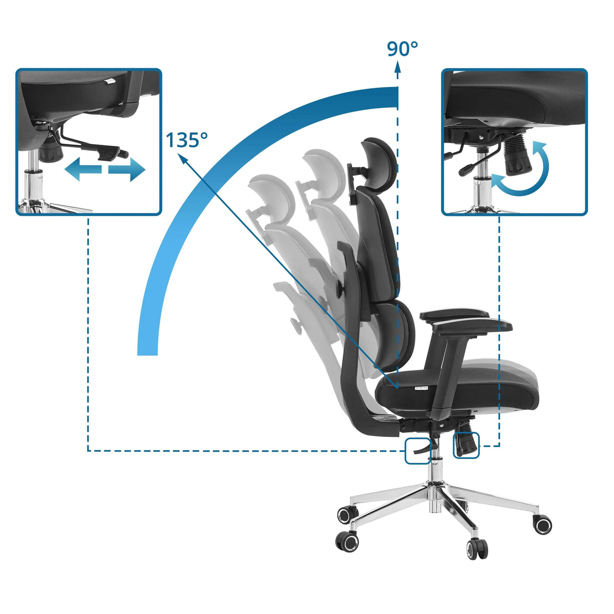 Justerbar rygstøtte på Professionel kontorstol Ergomy F 2 med hældning fra 90 til 135 grader fra hjh OFFICE