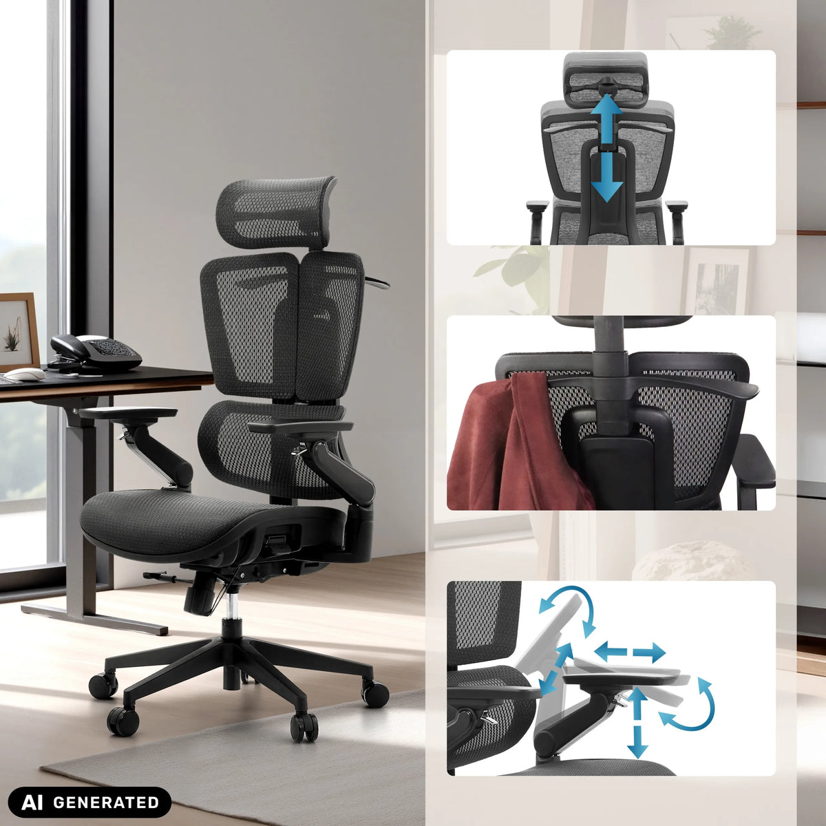 Justerbar nakkestøtte og armlæn på den professionelle kontorstol Ergo U2 Pro3 i sort fra hjh OFFICE (AI-genereret billede)