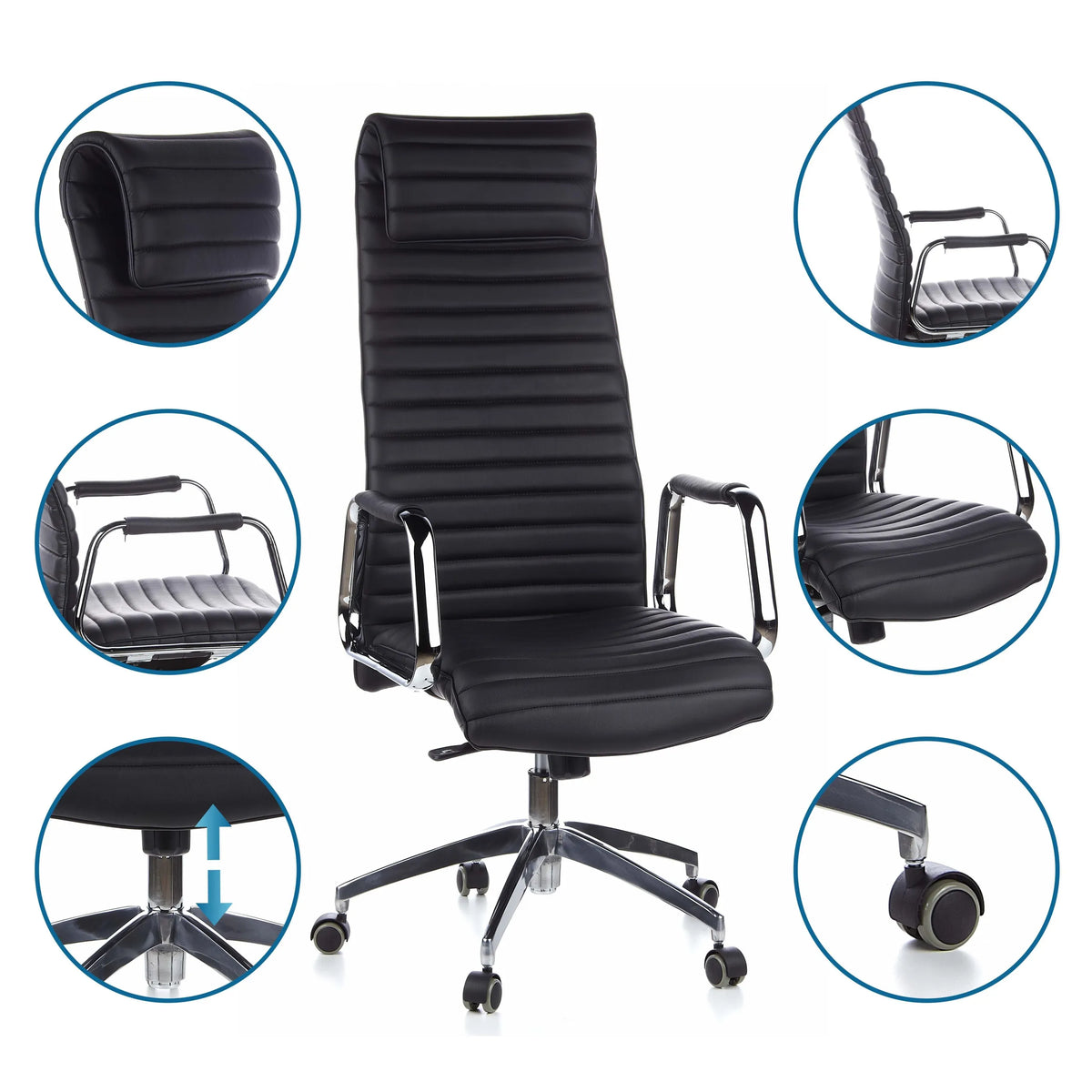 Luksus-chefstol ASPERA 20 i sort med detaljevisninger af polstring og hjul fra hjh OFFICE