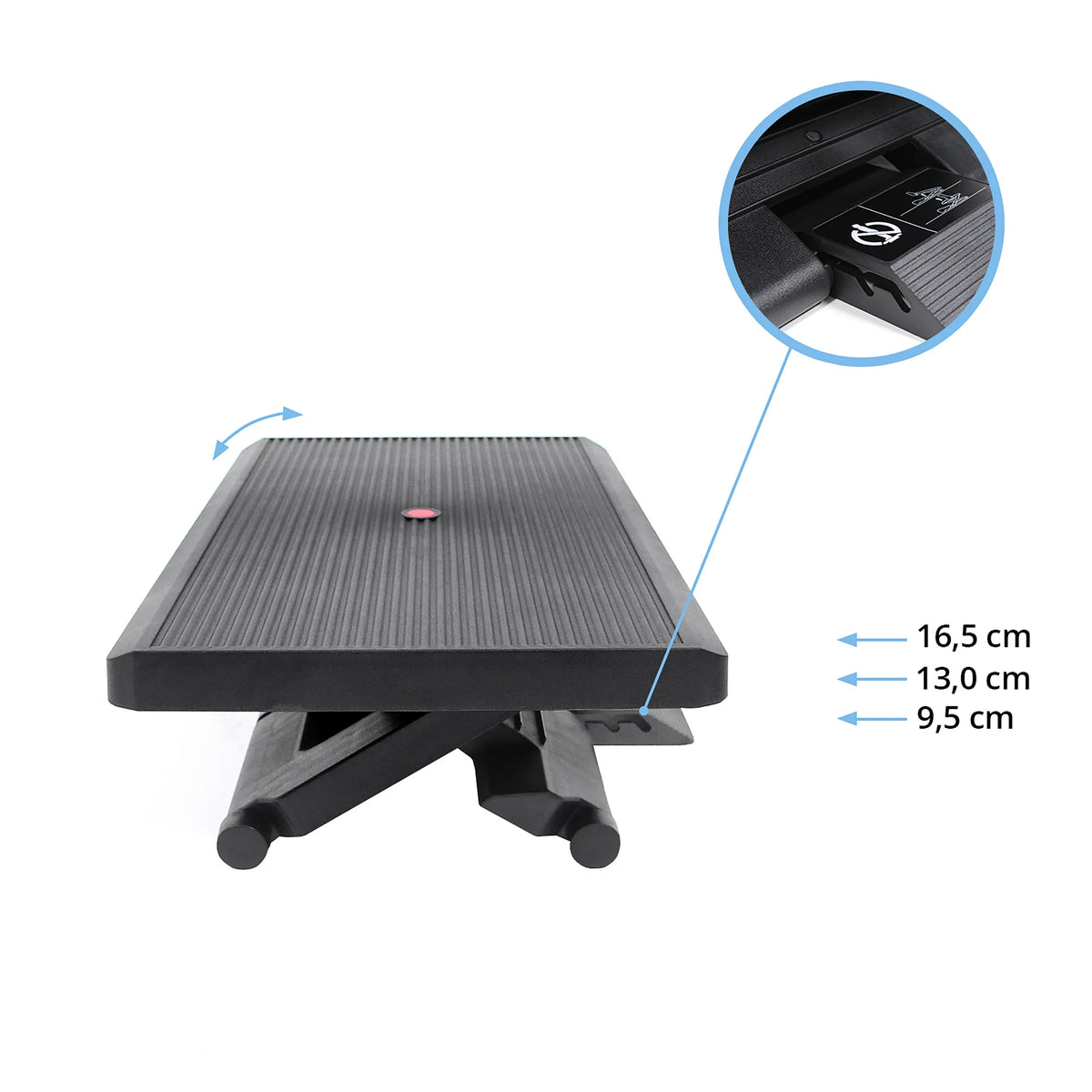 Højdejusterbar Fodstøtte PIEDINO STRIPE PRO i sort med mål på 9,5 cm, 13,0 cm og 16,5 cm fra hjh OFFICE