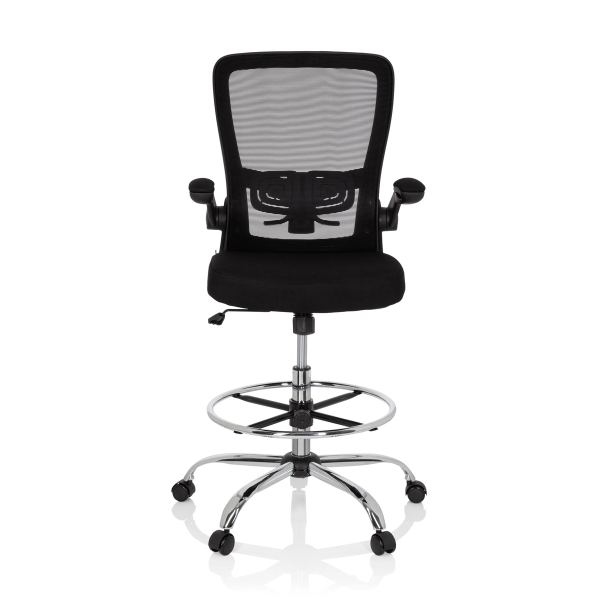 Sort Diskstol VENDO WORK med netryg, fodring og femstjernet fodkryds med hjul fra hjh OFFICE – 360-graders visning (forfra 0°)