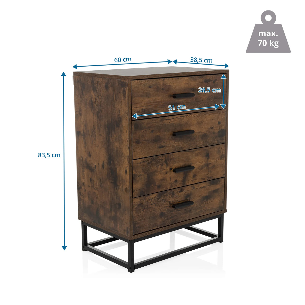 Måltegning af Kommode VINSTRA med 60 × 83,5 cm og maksimal belastning på 70 kg fra hjh LIVING