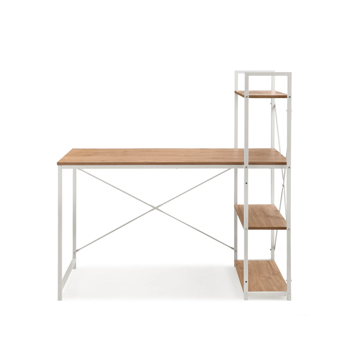 Skrivebord Easy Up3 i hvid og eg med integreret reol og X-stivere fra hjh LIVING – 360-graders visning (forfra 0°)