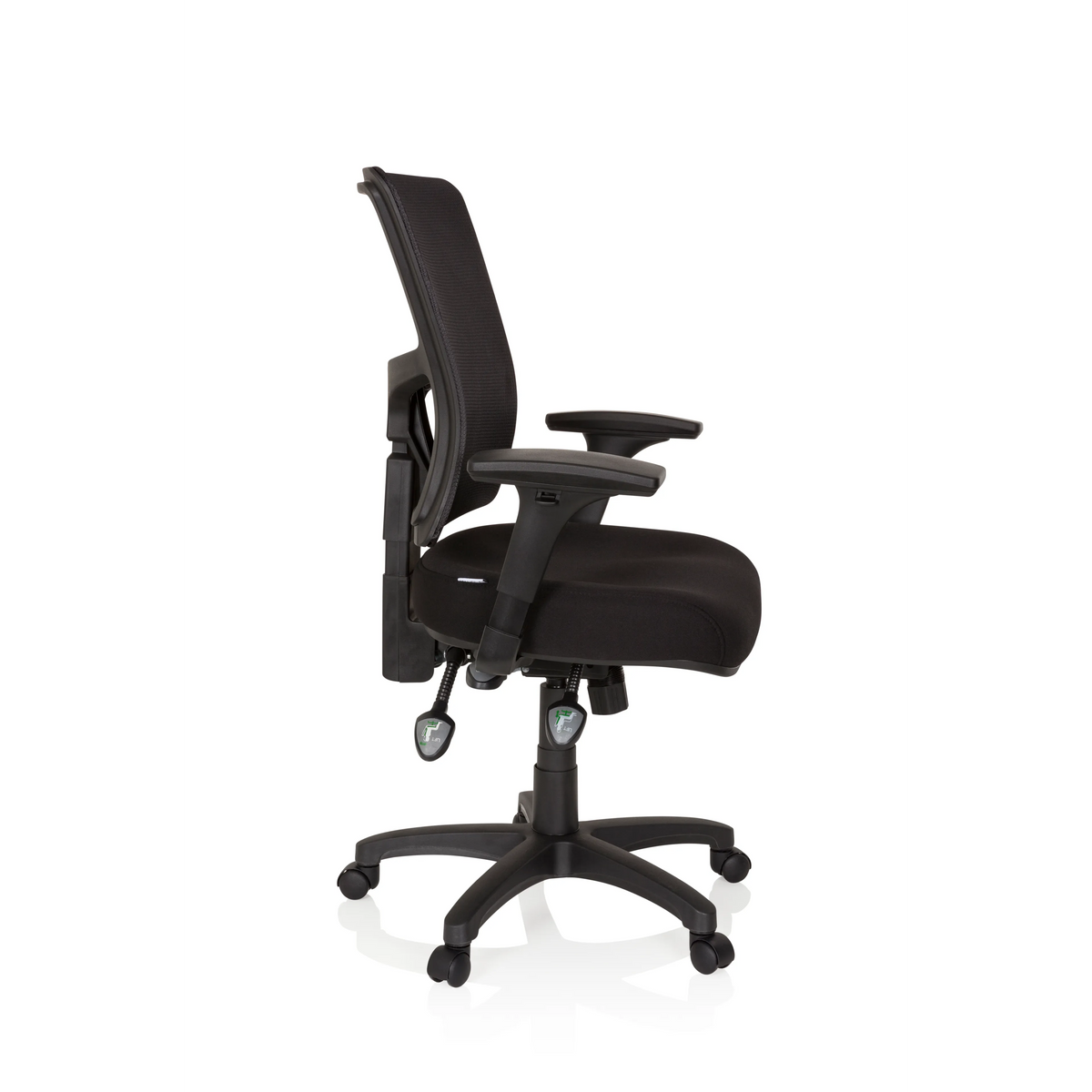 Sort Professionel chefstol IMPACT PRO med netryg og femstjernet fodkryds med hjul fra hjh OFFICE – 360-graders visning (sideprofil 80°)