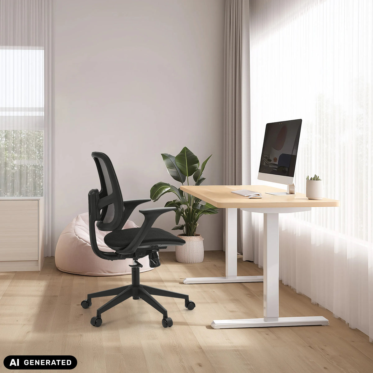 Home Office kontorstol Malio i sort ved et højdejusterbart skrivebord fra hjh OFFICE (AI-genereret billede)