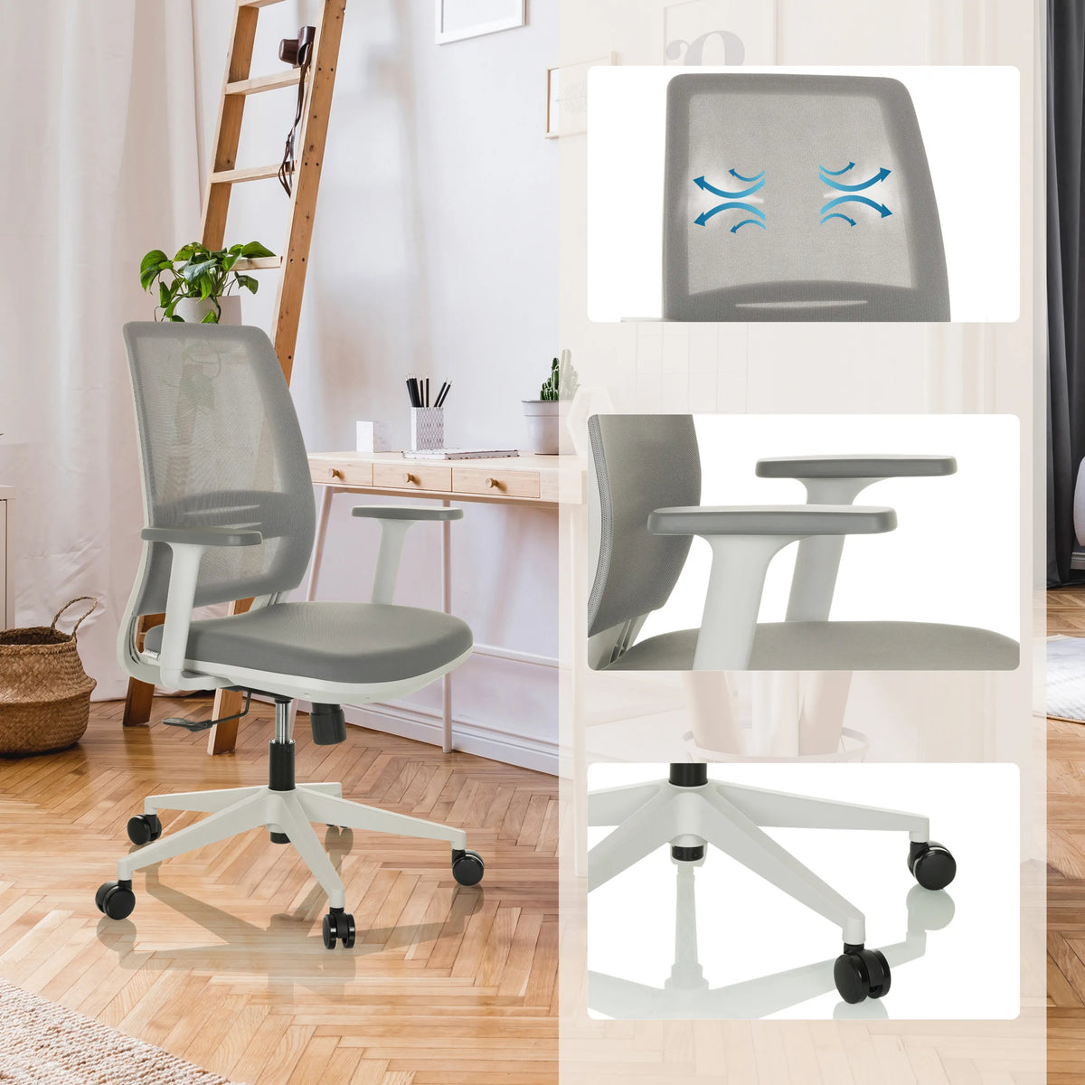 Grå Home Office kontorstol PROFONDO ECO W med netryg, armlæn og hvidt fodkryds fra hjh OFFICE