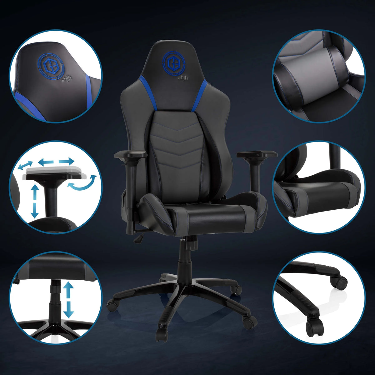 Spillestol GAMEBREAKER POLARYS I i grå-blå med detaljevisninger af armlæn, gasfjeder og hjul fra hjh OFFICE