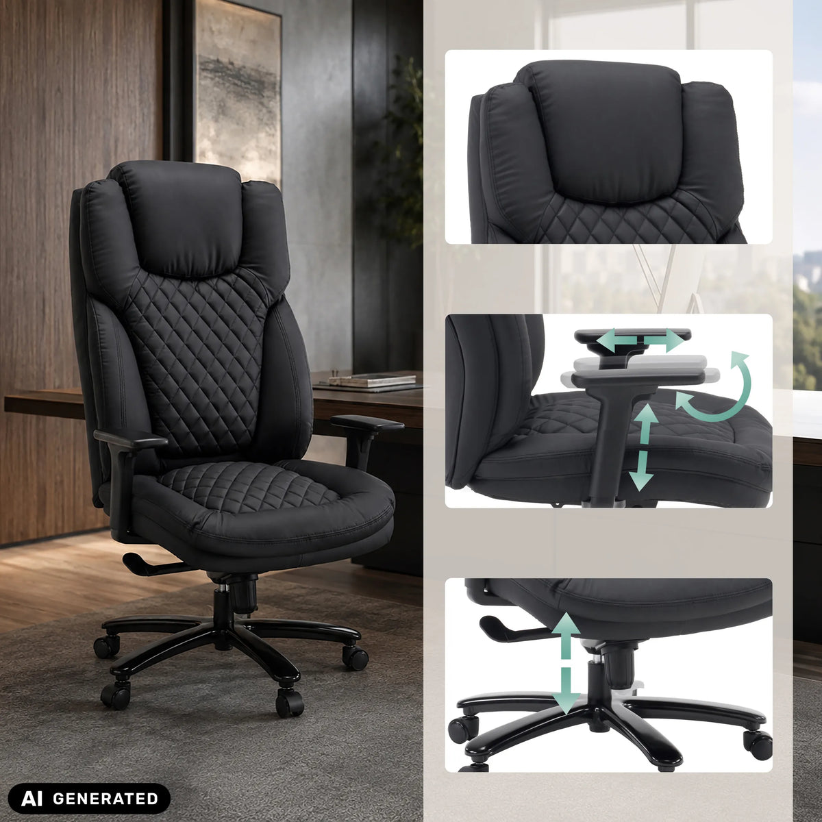 XXL Pullmann Gen2 drejestol i sort kunstlæder med justerbare armlæn og gaslift fra hjh OFFICE