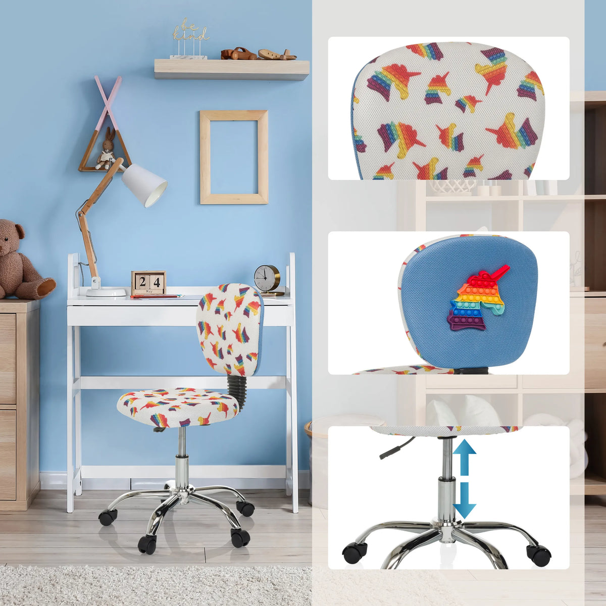 Drejestol til børn KID BUBBLE med regnbuemotiv, pop-it legetøj på ryglænet og højdejusterbar fod fra hjh OFFICE