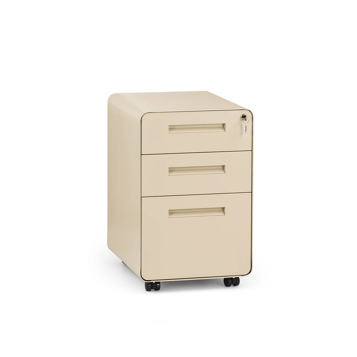 Beige COLOR PLUS I rullecontainer i metal med tre skuffer og fire hjul fra hjh OFFICE – 360-graders visning (forfra 15°)