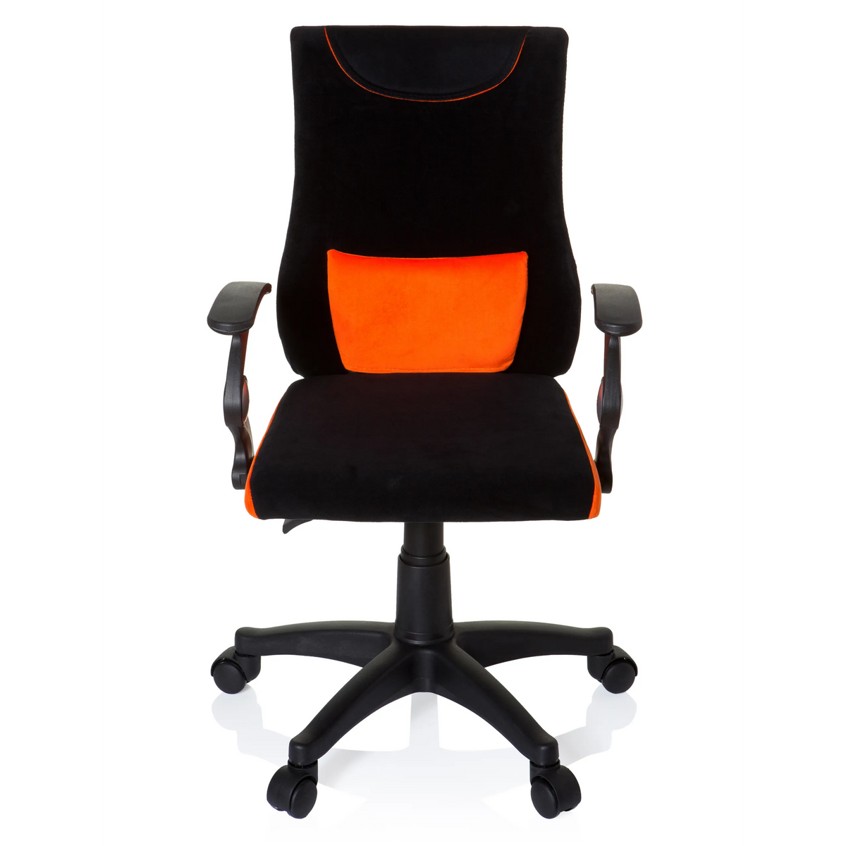 Sort-orange Drejestol til børn KIDDY PRO AL med lændepude og femhjulet fodkryds fra hjh OFFICE – 360-graders visning (forfra 0°)